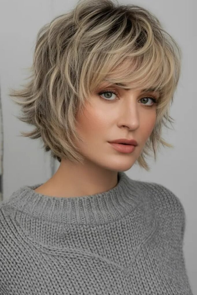 Layered Ash Blonde Shag Bob with Textured Fringe