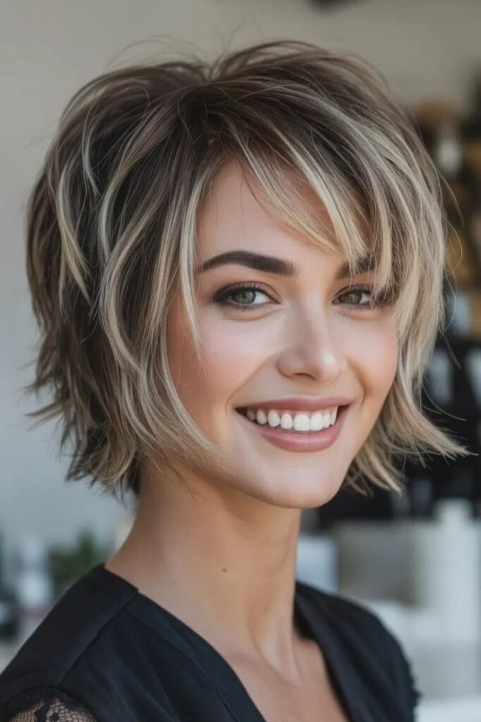 Layered Blonde Highlighted Bob with Side-Swept Fringe