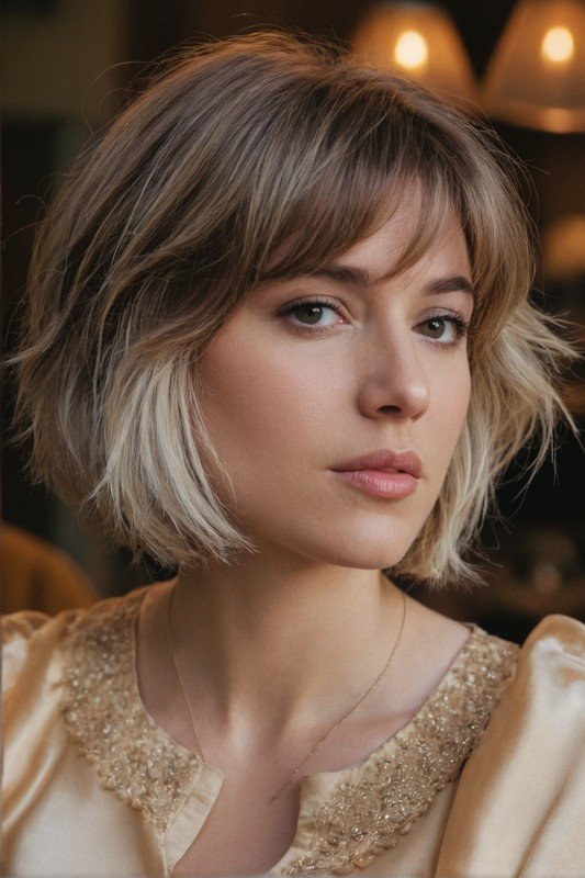 Layered Bob with Blonde Highlights and Fringe