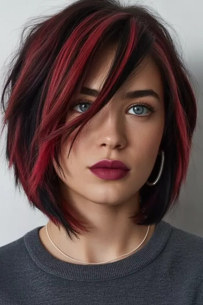 Layered Bob with Bold Red Streaks
