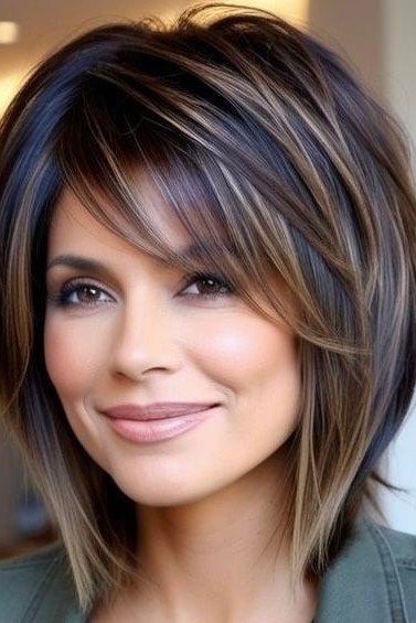 Layered Bob with Highlights and Side-Swept Bangs