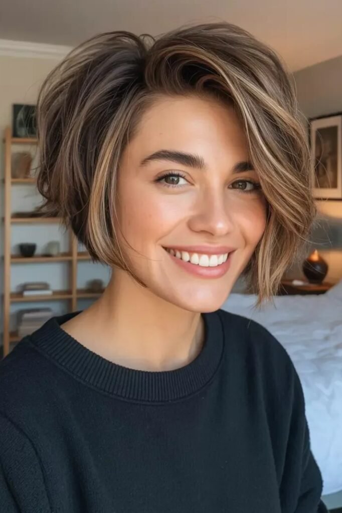 Layered Bob with Subtle Highlights and Voluminous Side Part
