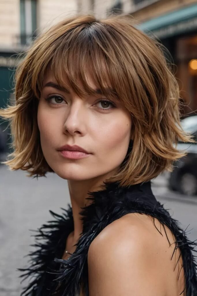 Layered Bob with Textured Brow-Skimming Fringe