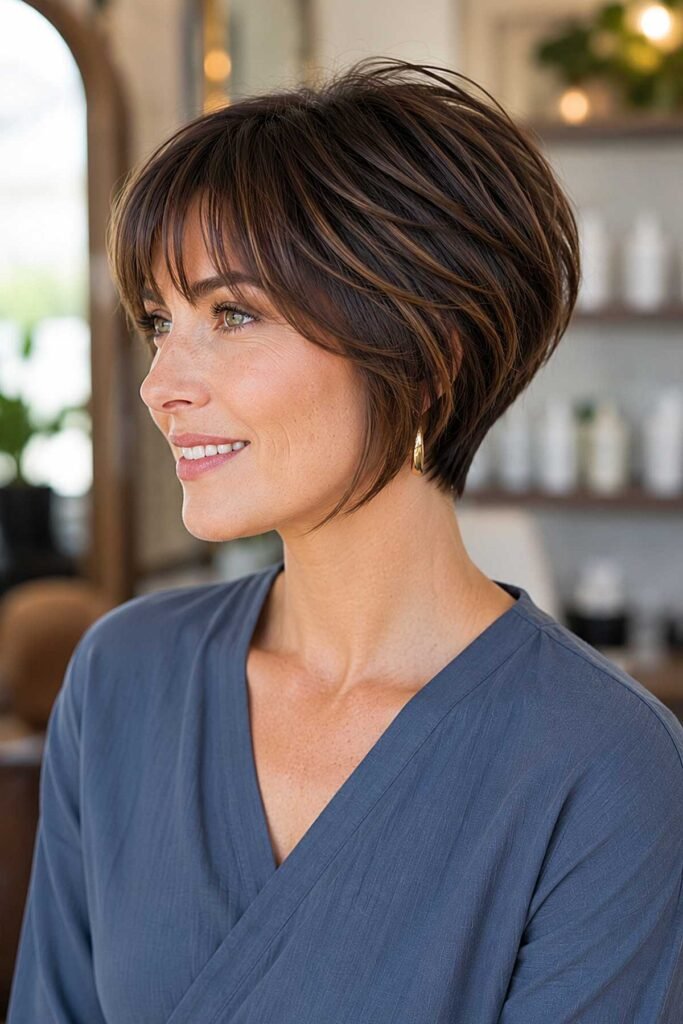 Layered Brunette Bob with Wispy Bangs