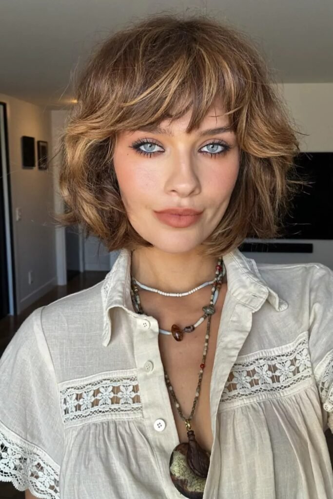 Layered Caramel Bob with Full Bangs