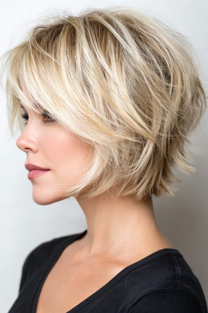 Layered Choppy Blonde Bob with Side-Swept Bangs and High Volume