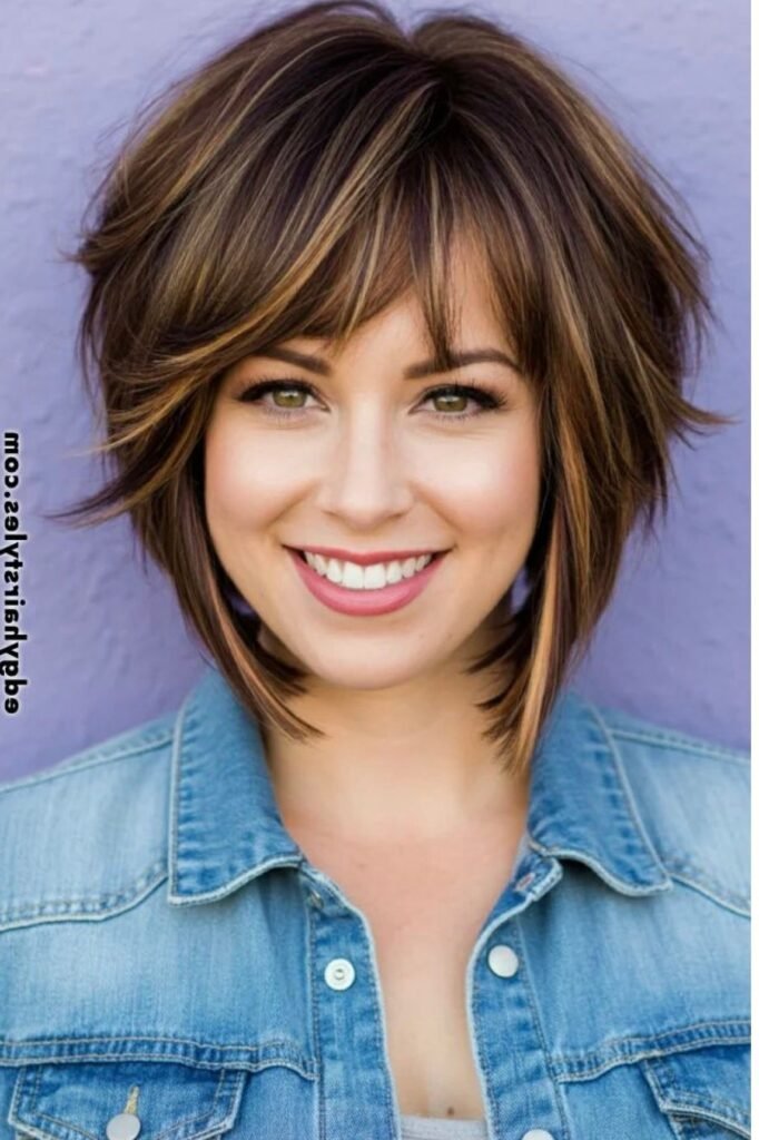 Layered Choppy Bob with Bangs and Caramel Highlights