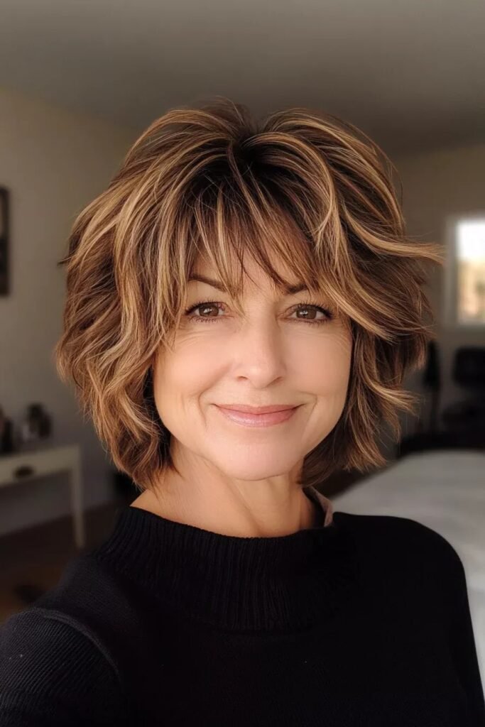 Layered Choppy Bob with Caramel Highlights