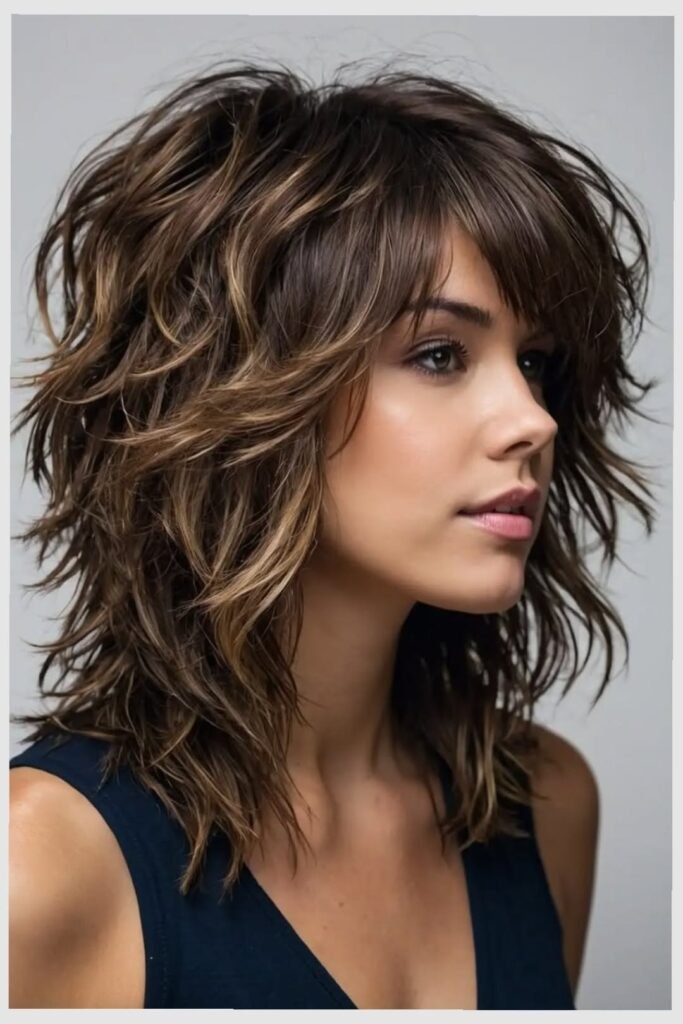 Layered Choppy Shag Haircut with Highlights and Side-Swept Bangs