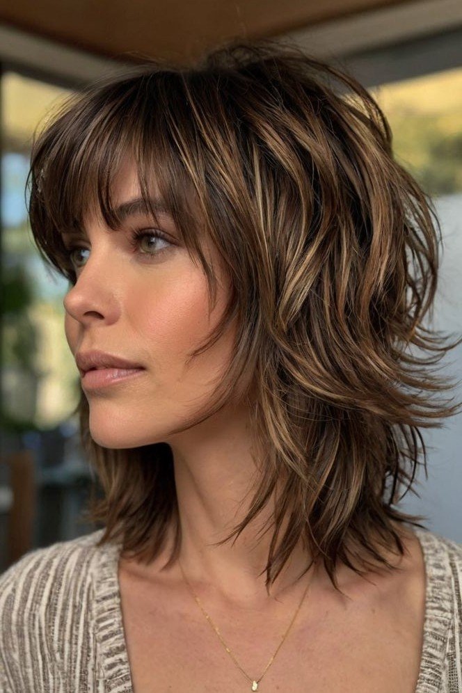 Layered Choppy Shaggy Bob with Caramel Highlights and Side-Swept Bangs