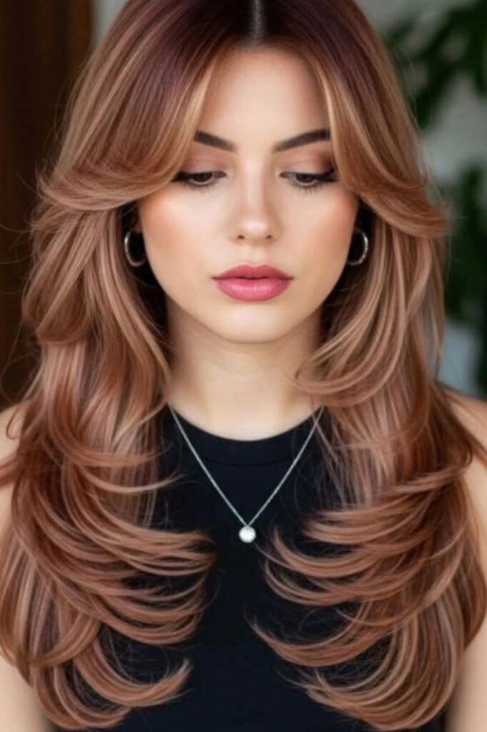 Layered Cut with Curtain Bangs and Soft Highlights