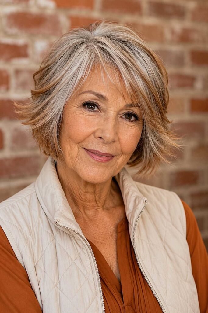 Layered Gray and Blonde Bob with Wispy Bangs