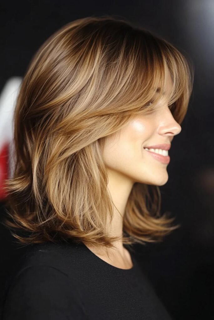 Layered Medium-Length Hair with Curtain Bangs and Warm Highlights