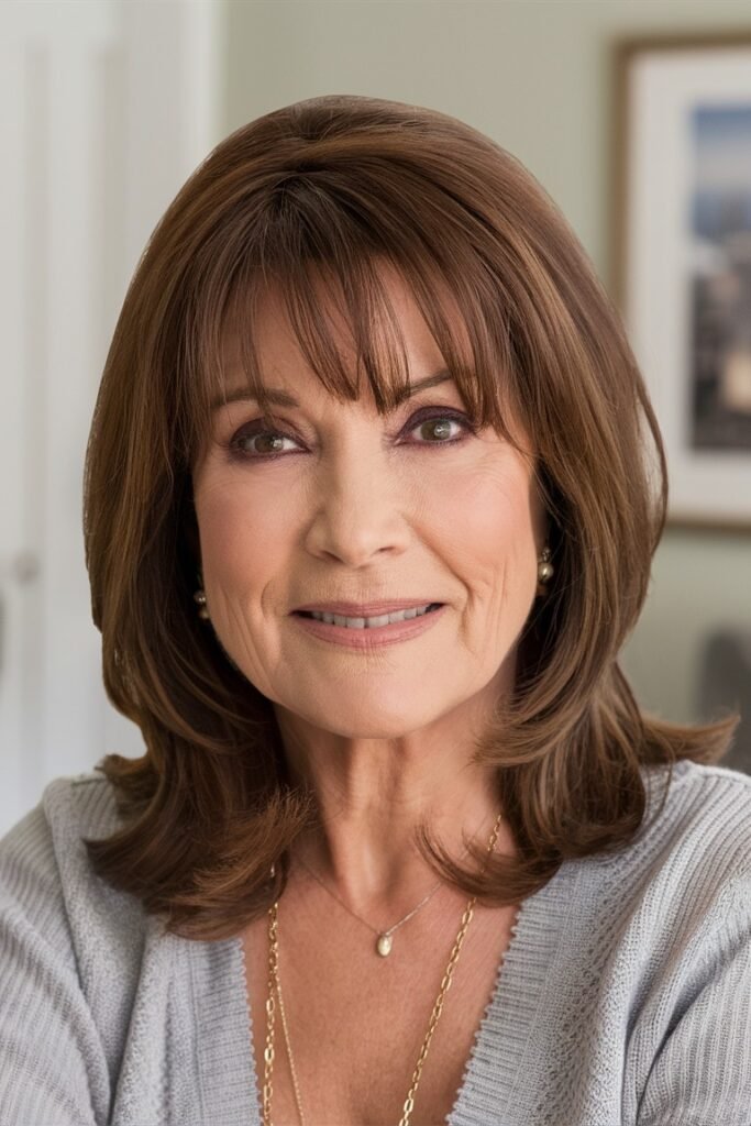 Layered Medium-Length Hairstyle with Full Bangs