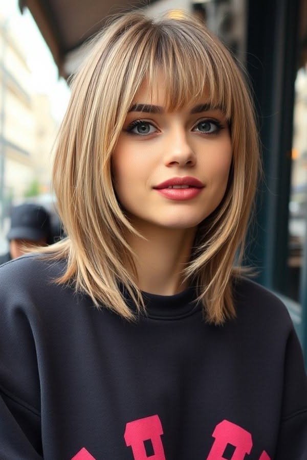 Layered Mid-Length Hair with Straight Bangs