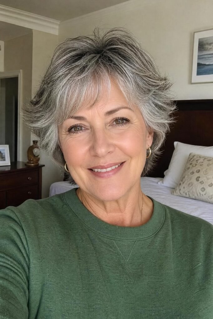 Layered Pixie Bob with Soft Silver Highlights and Face-Framing Fringe
