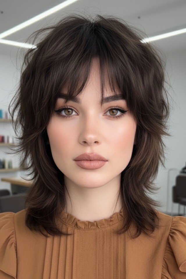 Layered Shag Cut with Soft Center-Parted Bangs