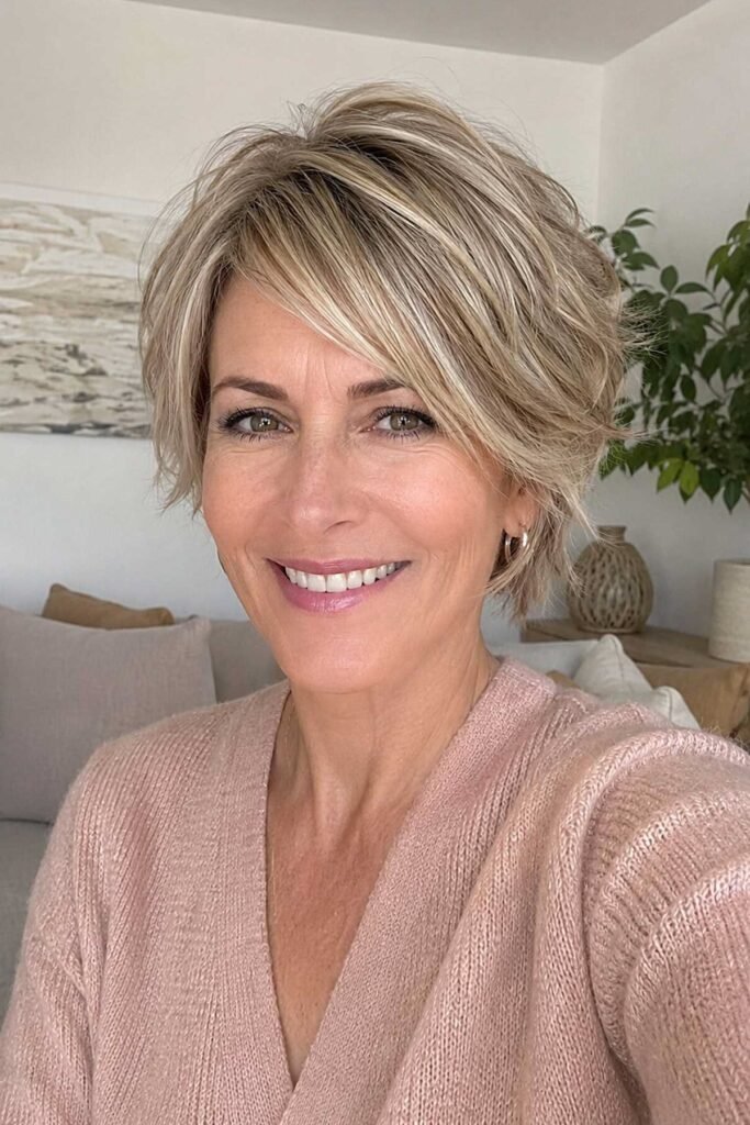 Layered Shaggy Bob with Blonde Highlights and Side Bangs