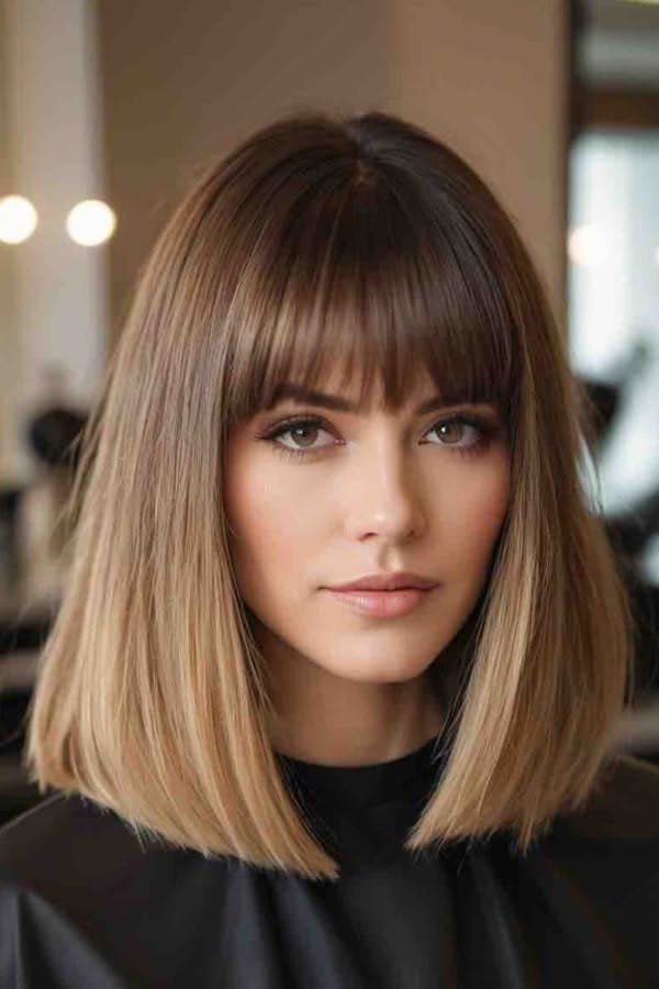 Layered Shoulder-Length Bob with Blunt Bangs and Ombre Ends