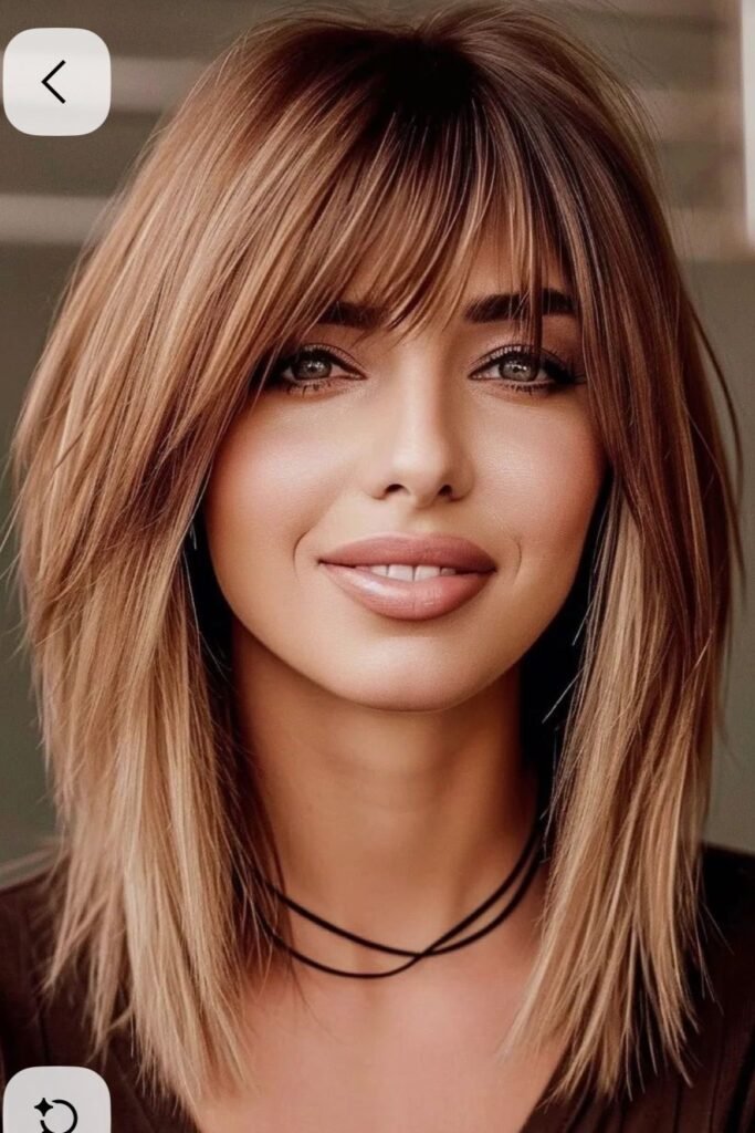 Layered Shoulder-Length Hair with Side-Swept Bangs
