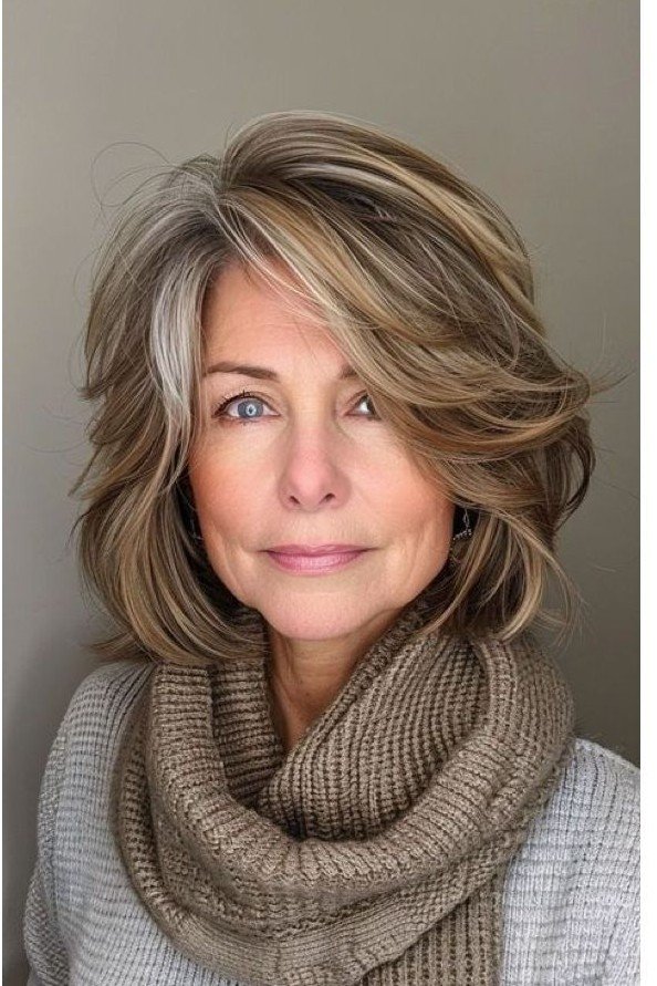 Layered Shoulder-Length Hairstyle with Side-Swept Bangs