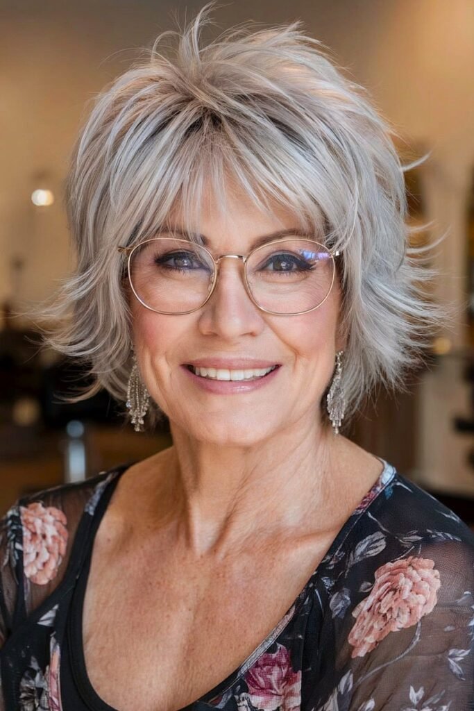 Layered Silver Bob with Glasses and Side-Swept Fringe