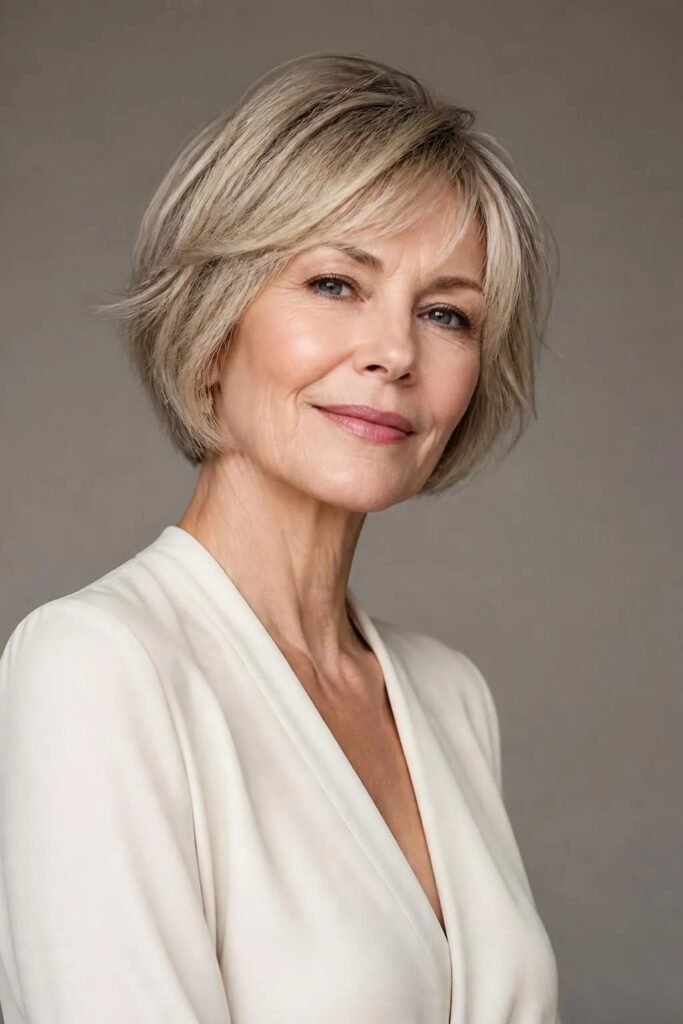 Layered Silver Bob with Side-Swept Bangs