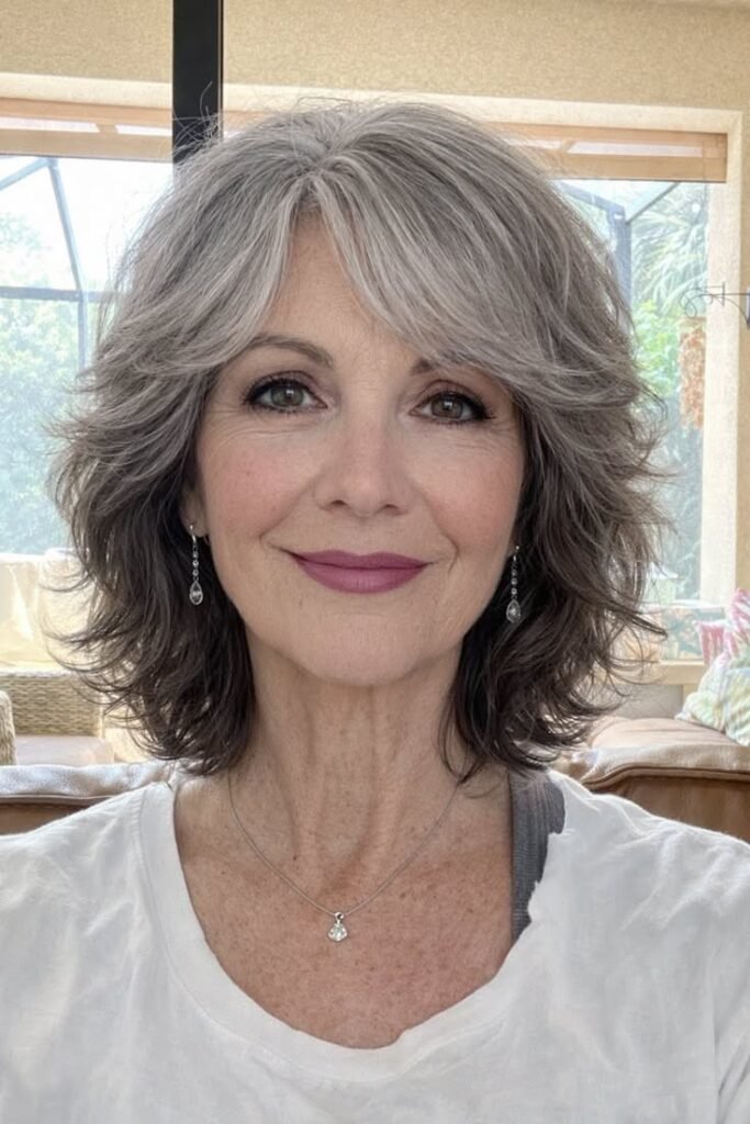 Layered Silver Bob with Soft Curtain Bangs