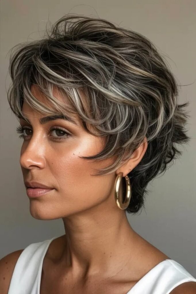 Layered Silver and Dark Brown Shag with Highlights