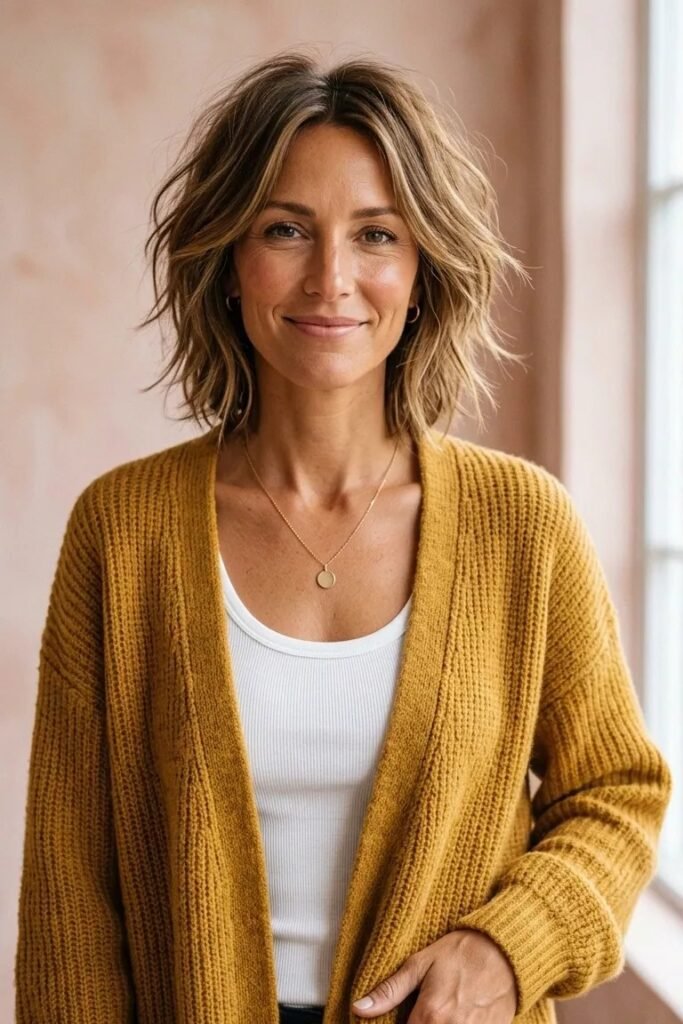 Layered Textured Bob with Center Parting and Warm Undertones