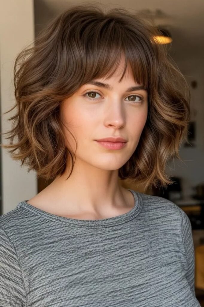 Layered Tousled Brown Bob with Soft Bangs