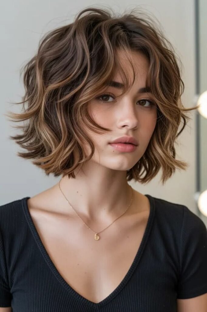 Layered Wavy Bob with Caramel Highlights