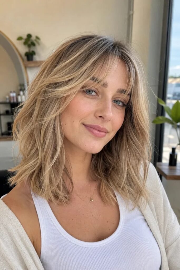 Layered Wavy Lob with Curtain Bangs
