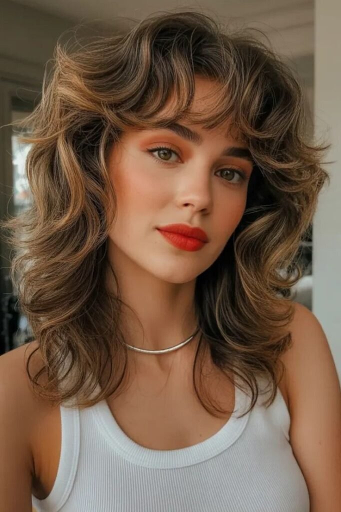 Layered Wavy Shoulder-Length Hair with Retro Curtain Bangs