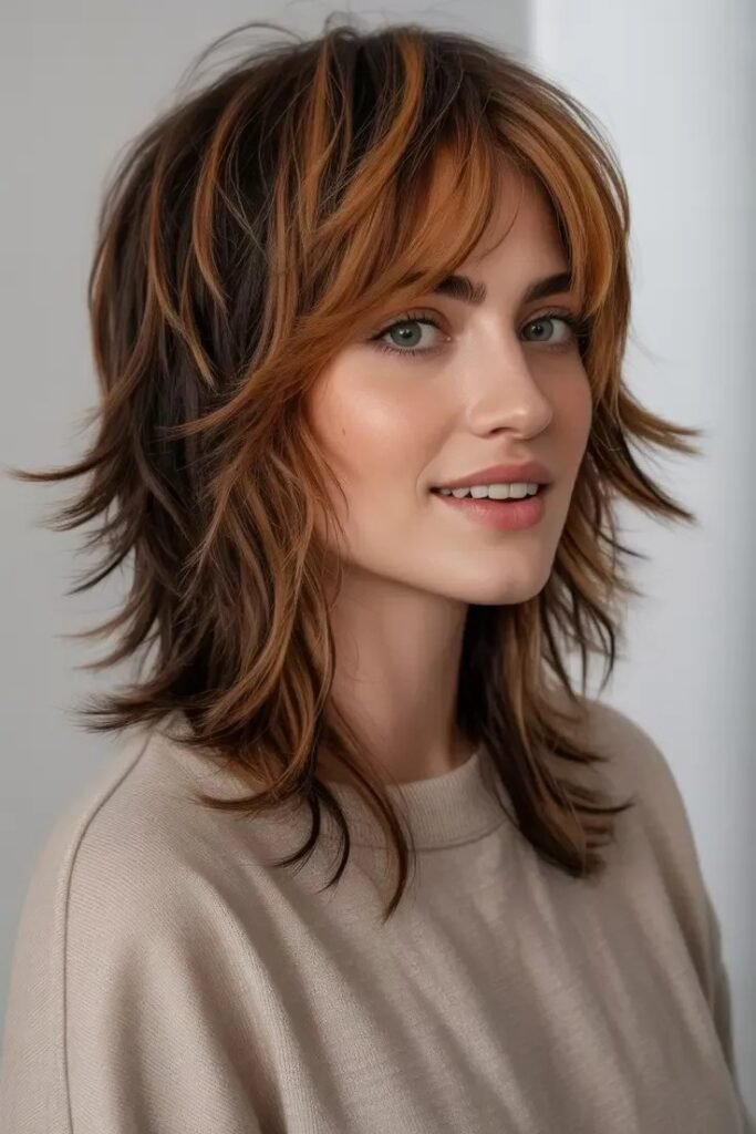 Layered Wolf with Warm Caramel and Copper Highlights