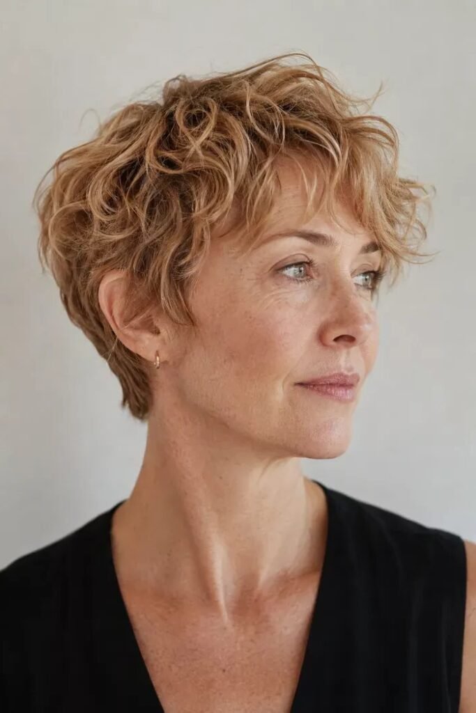 Light Brown Curly Short Crop with Soft Textured Fringe