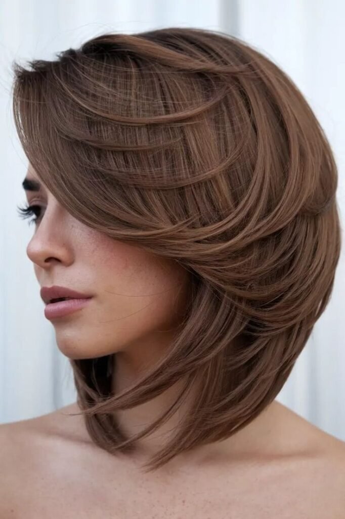 Light Brown Stacked Bob with Heavy Curled Layers
