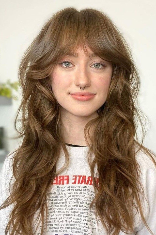 Long Chestnut Shag with Soft Face-Framing Layers and Bangs