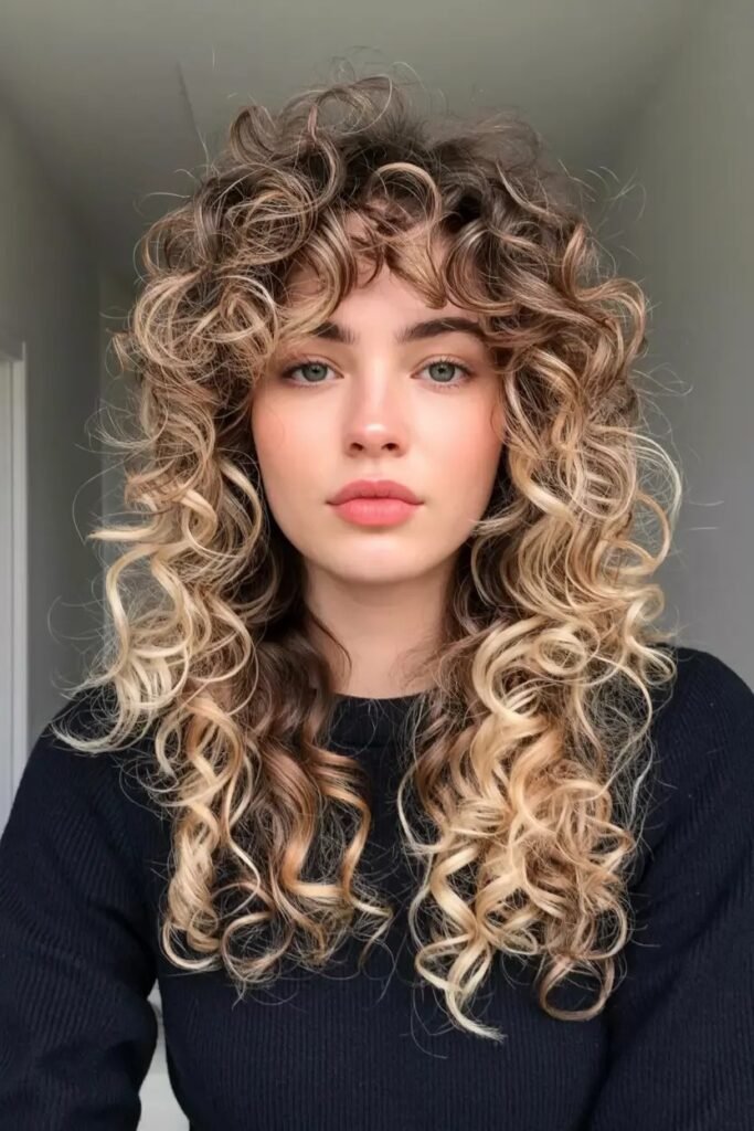 Long Curly Hair with Highlights and Curly Bangs