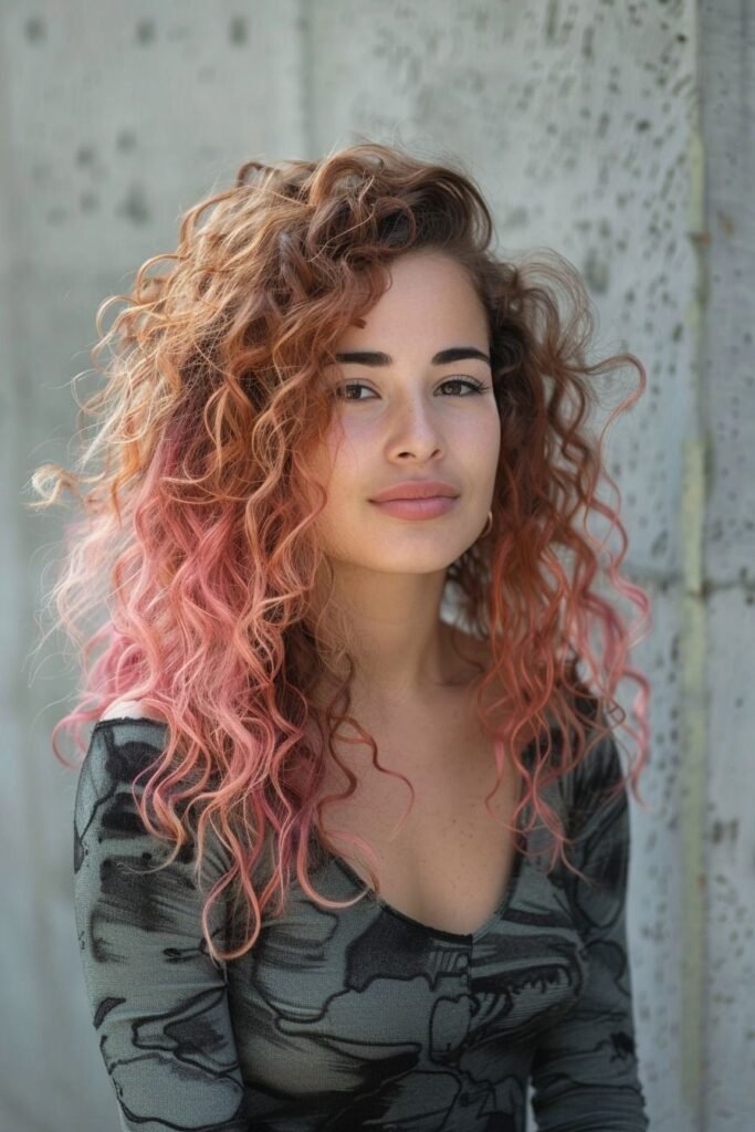 Long Curly Hair with Pink Dip-Dye and Side-Swept Bangs