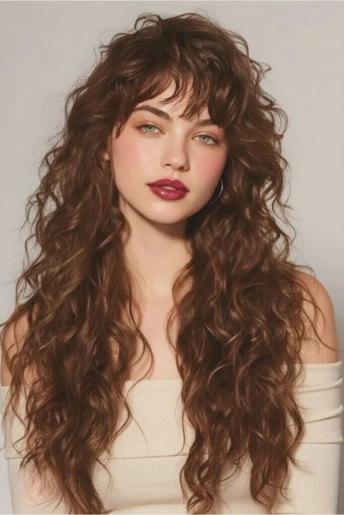 Long Curly Layered Hair with Side-Swept Bangs
