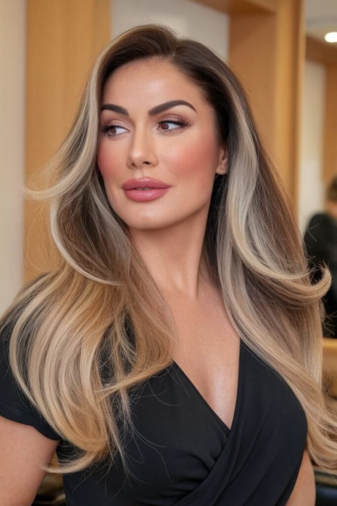 Long Glamorous Blowout with Contrast Blonde Face-Framing Highlights