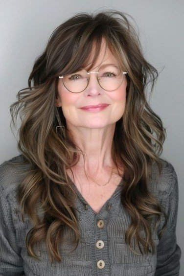 Long Layered Brown Hair with Soft Waves and Side-Swept Bangs