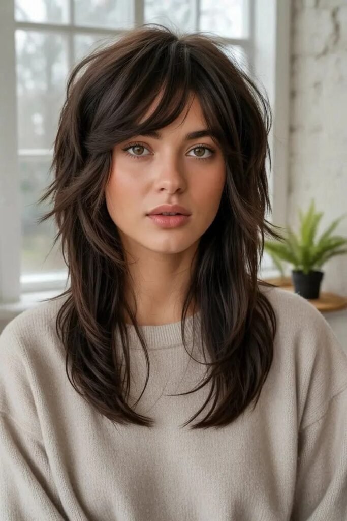 Long Layered Choppy with Side-Swept Bangs