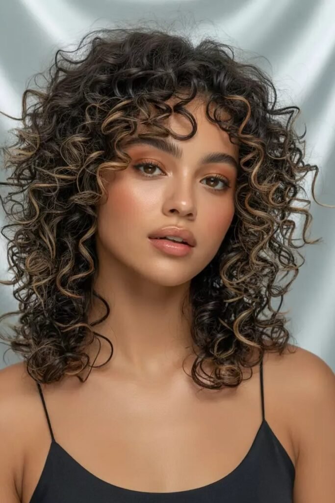 Long Layered Curly Hair with Subtle Highlights and Center-Parted Curls