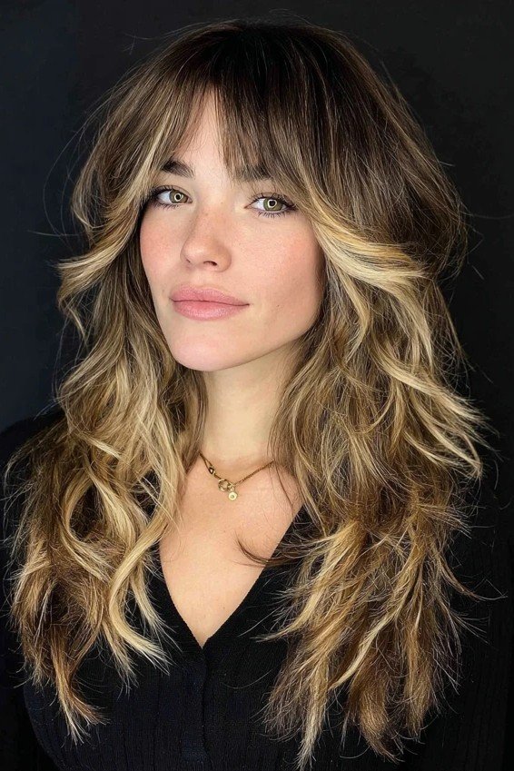Long Layered Cut with Face-Framing Blonde Highlights