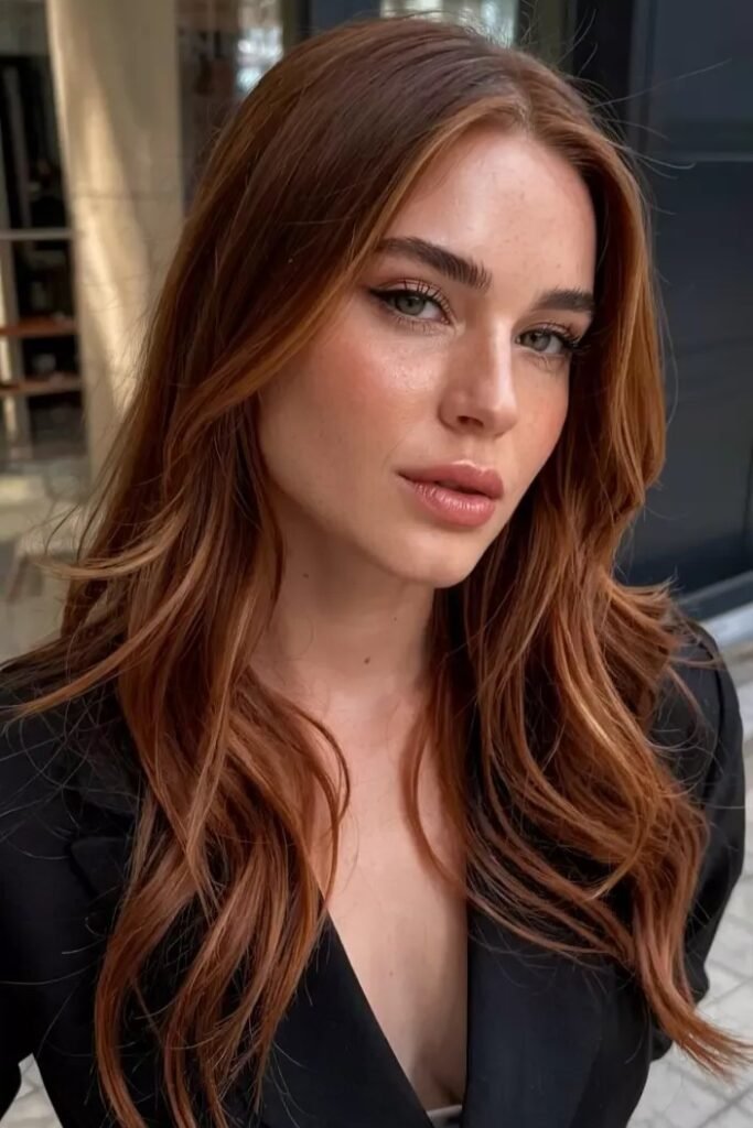 Long Layered Hair with Auburn Highlights and Soft Waves