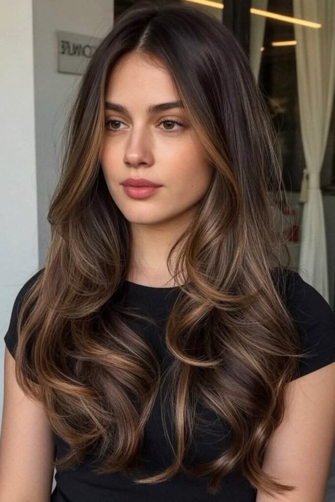 Long Layered Hair with Chocolate Brown Tones and Face-Framing Highlights