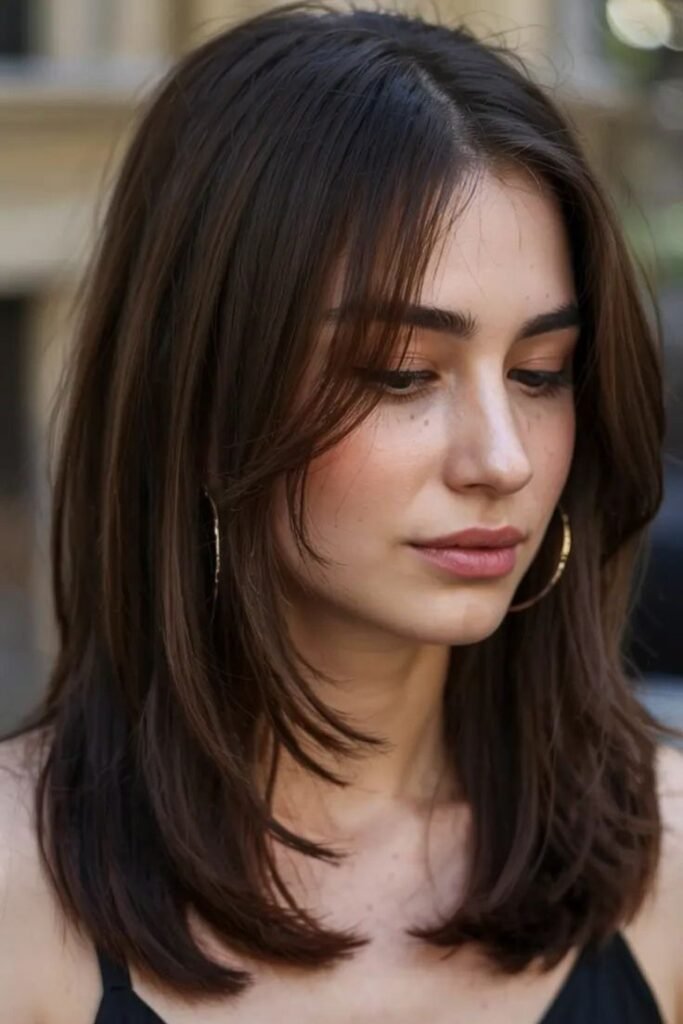 Long Layered Hair with Face-Framing Curtain Bangs