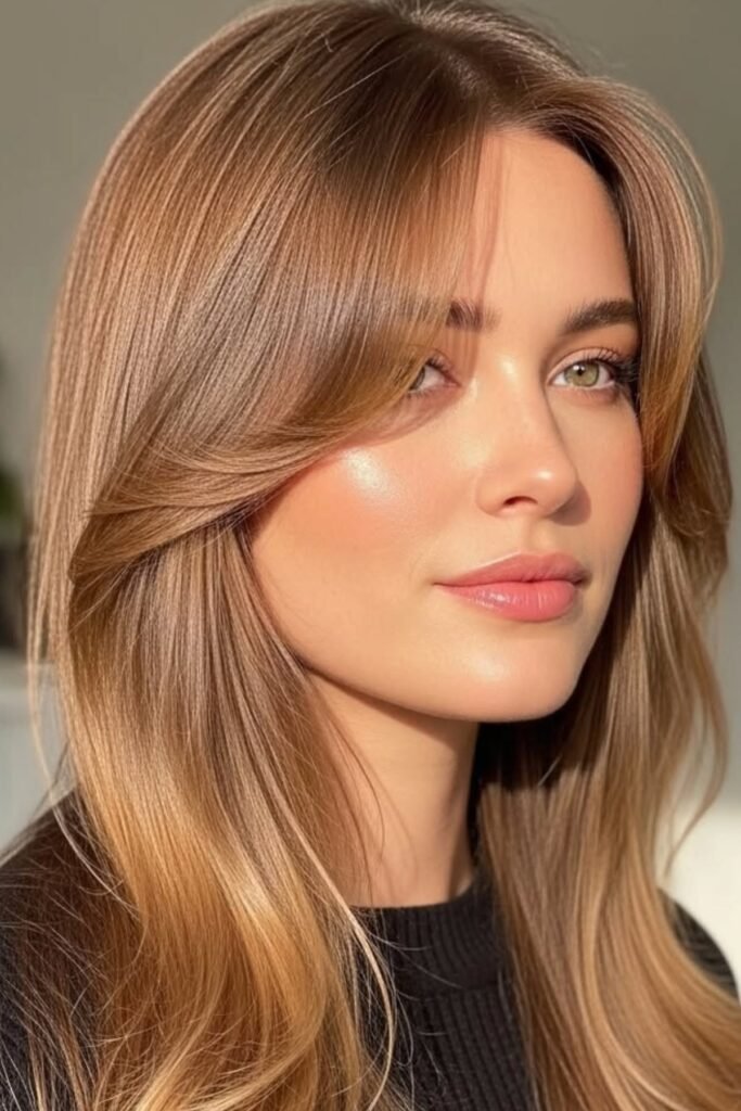 Long Layered Hair with Face-Framing Curtain Bangs